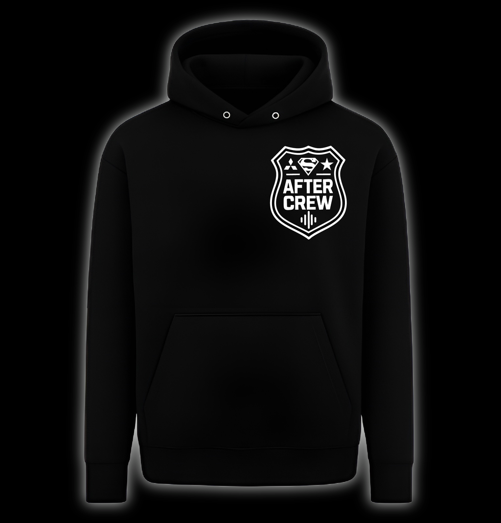 Black hoodie with 'After Crew' logo on a black background