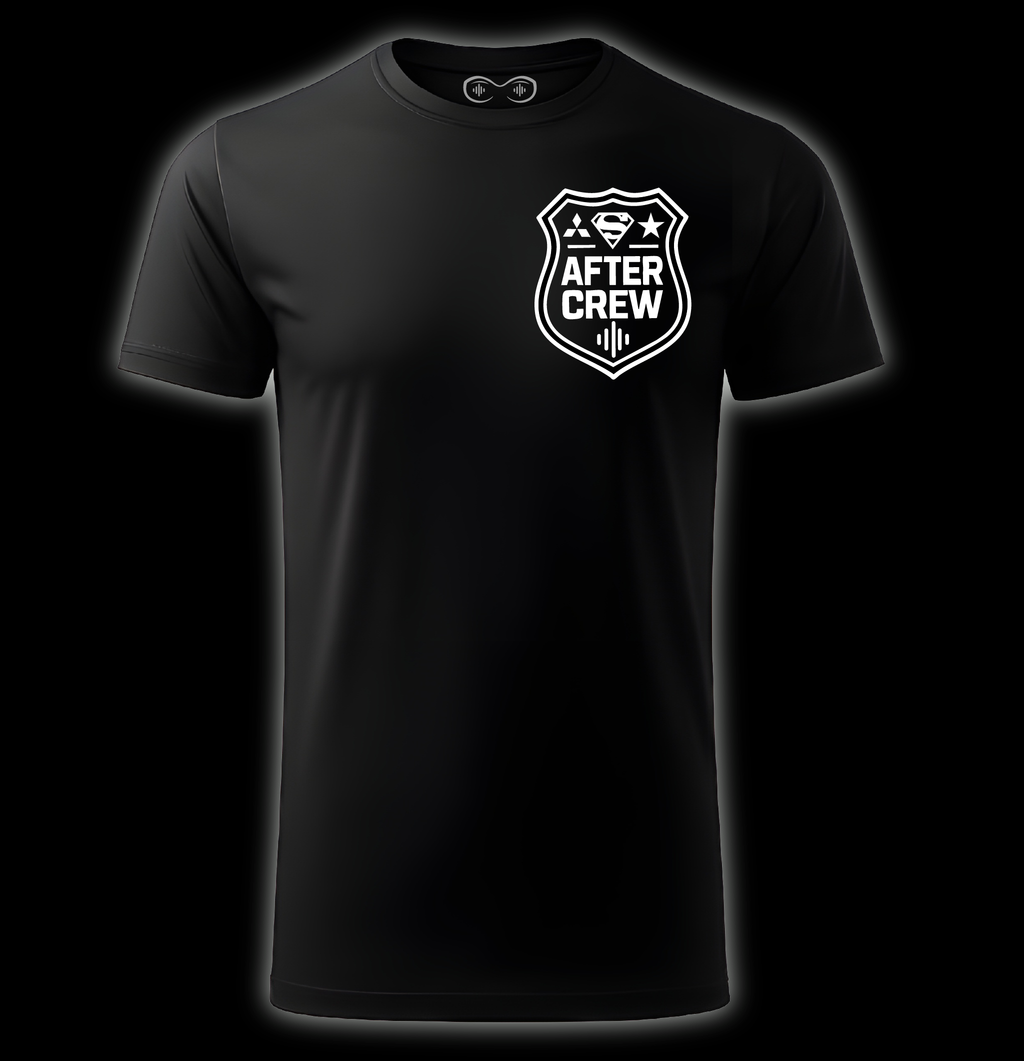 Black t-shirt with 'After Crew' logo on a black background