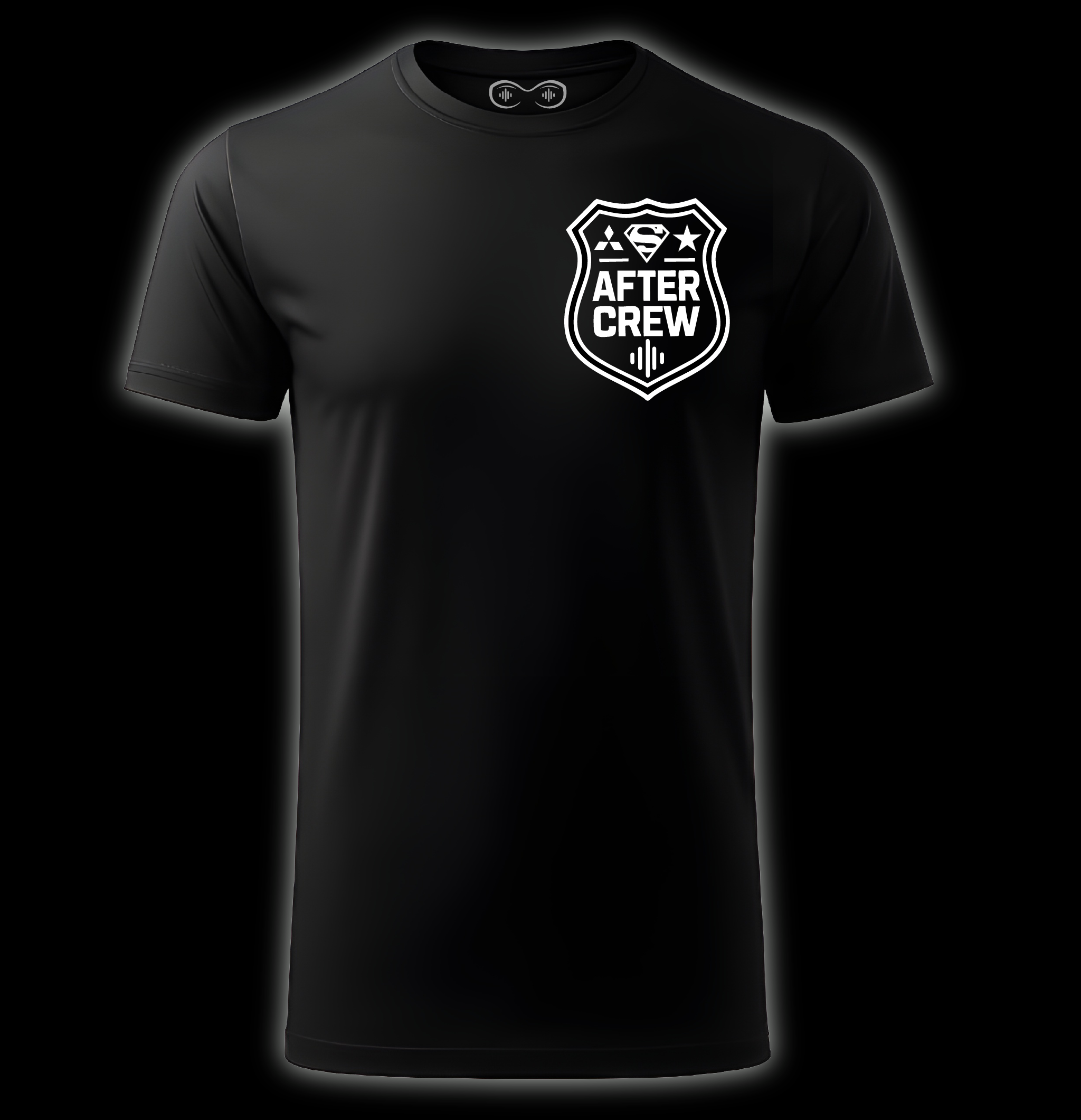 Black t-shirt with 'After Crew' logo on a black background