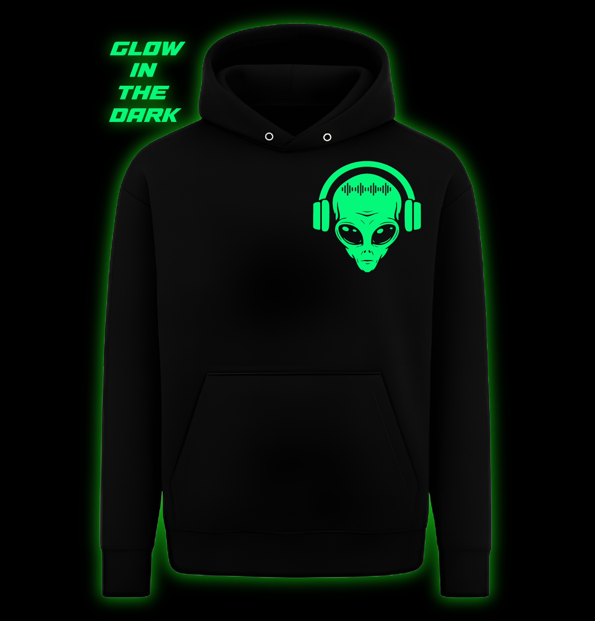 Black hoodie with alien wearing headphones design, glowing in the dark.
