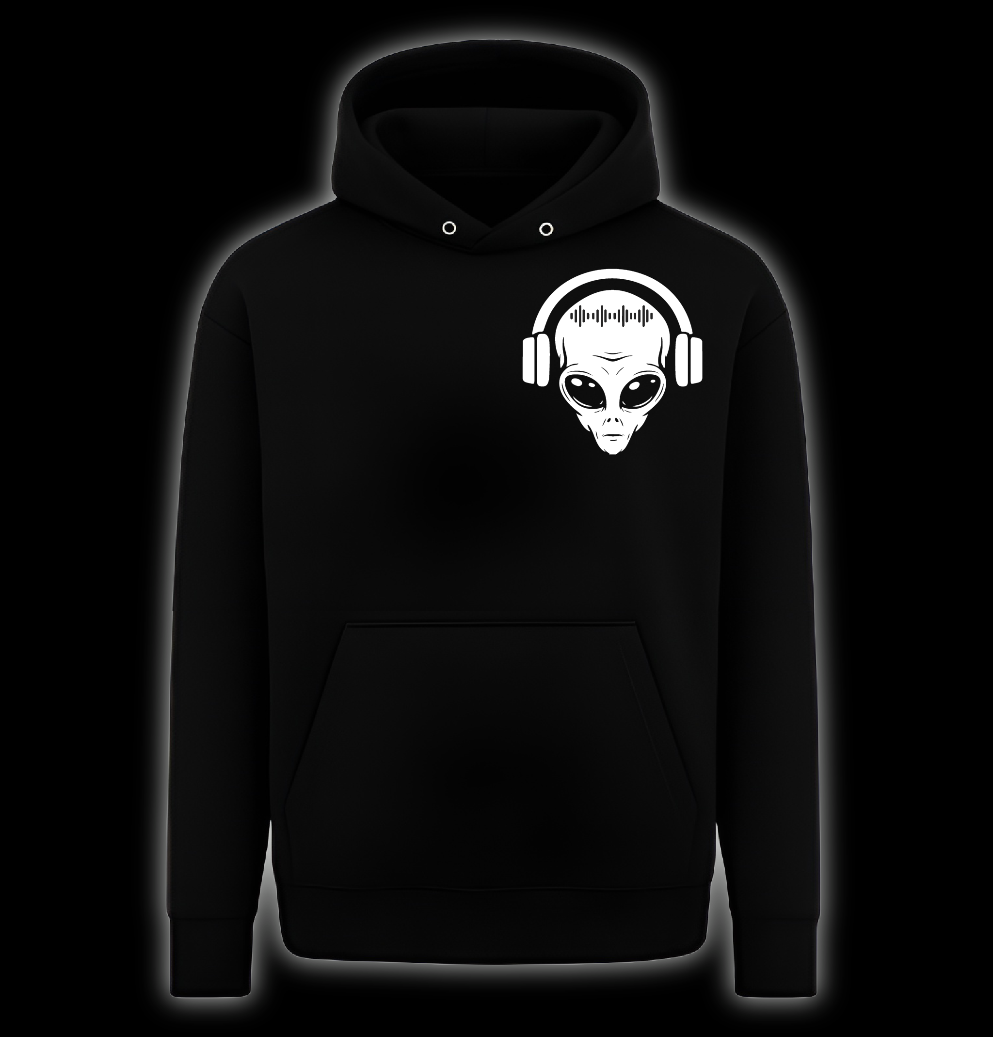 Black hoodie with alien head wearing headphones graphic on a black background