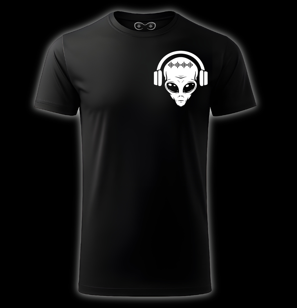 Black t-shirt with an alien wearing headphones design on a black background