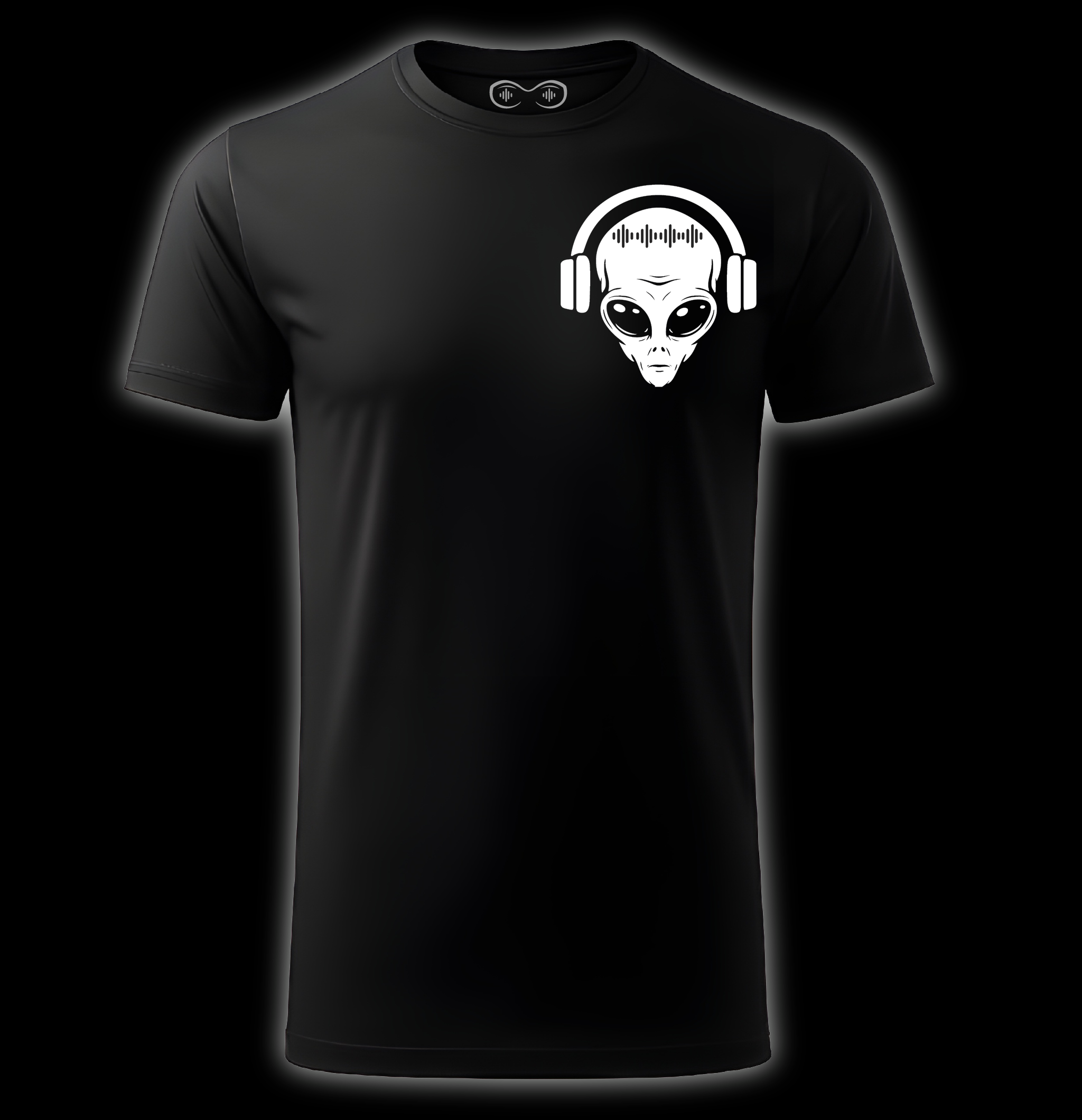 Black t-shirt with an alien wearing headphones design on a black background