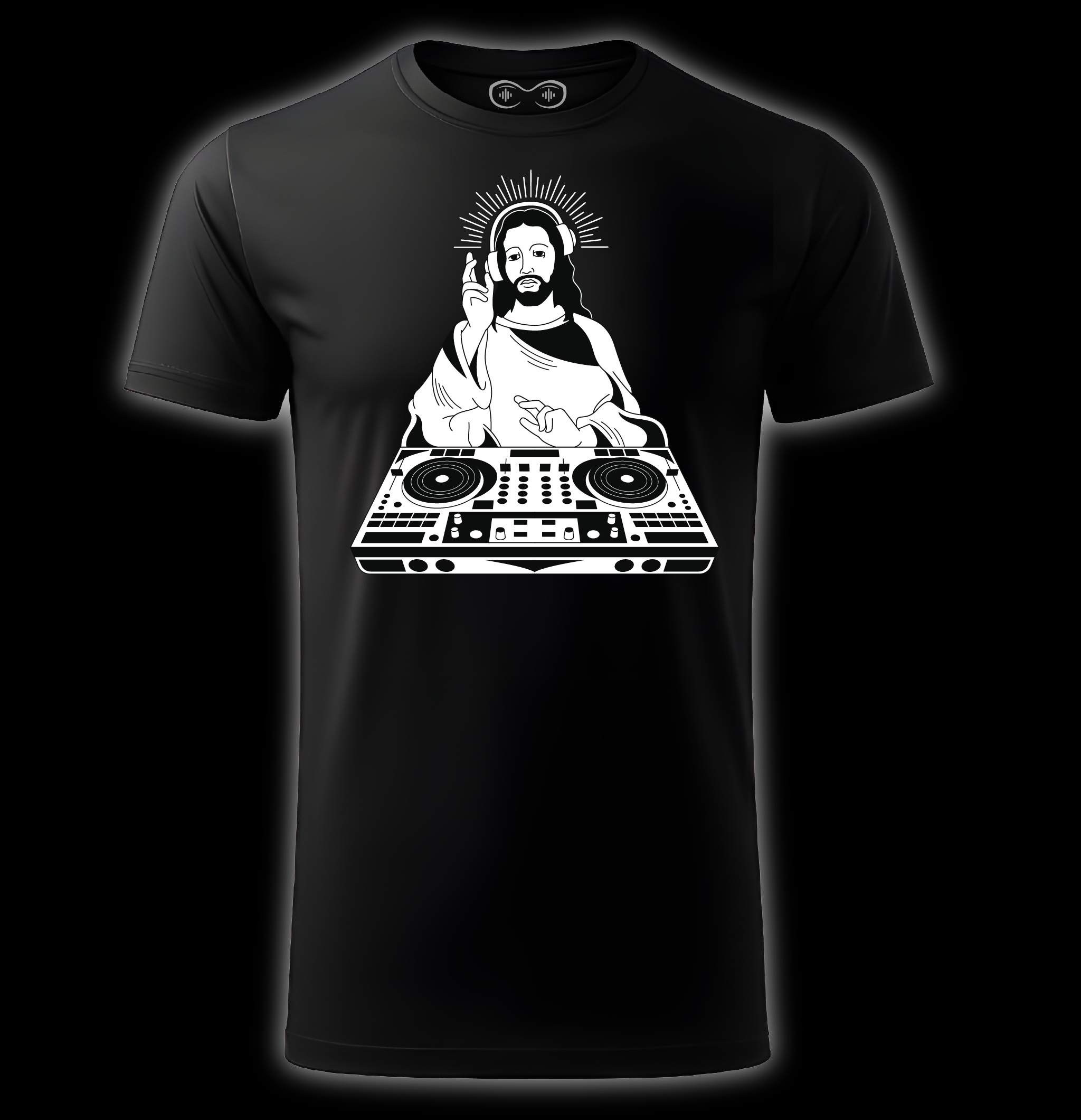Black t-shirt with a graphic of a person using DJ equipment on a black background