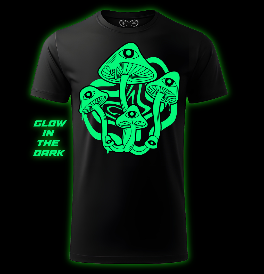 Black t-shirt with green mushroom design and 'Glow in the Dark' text on a black background