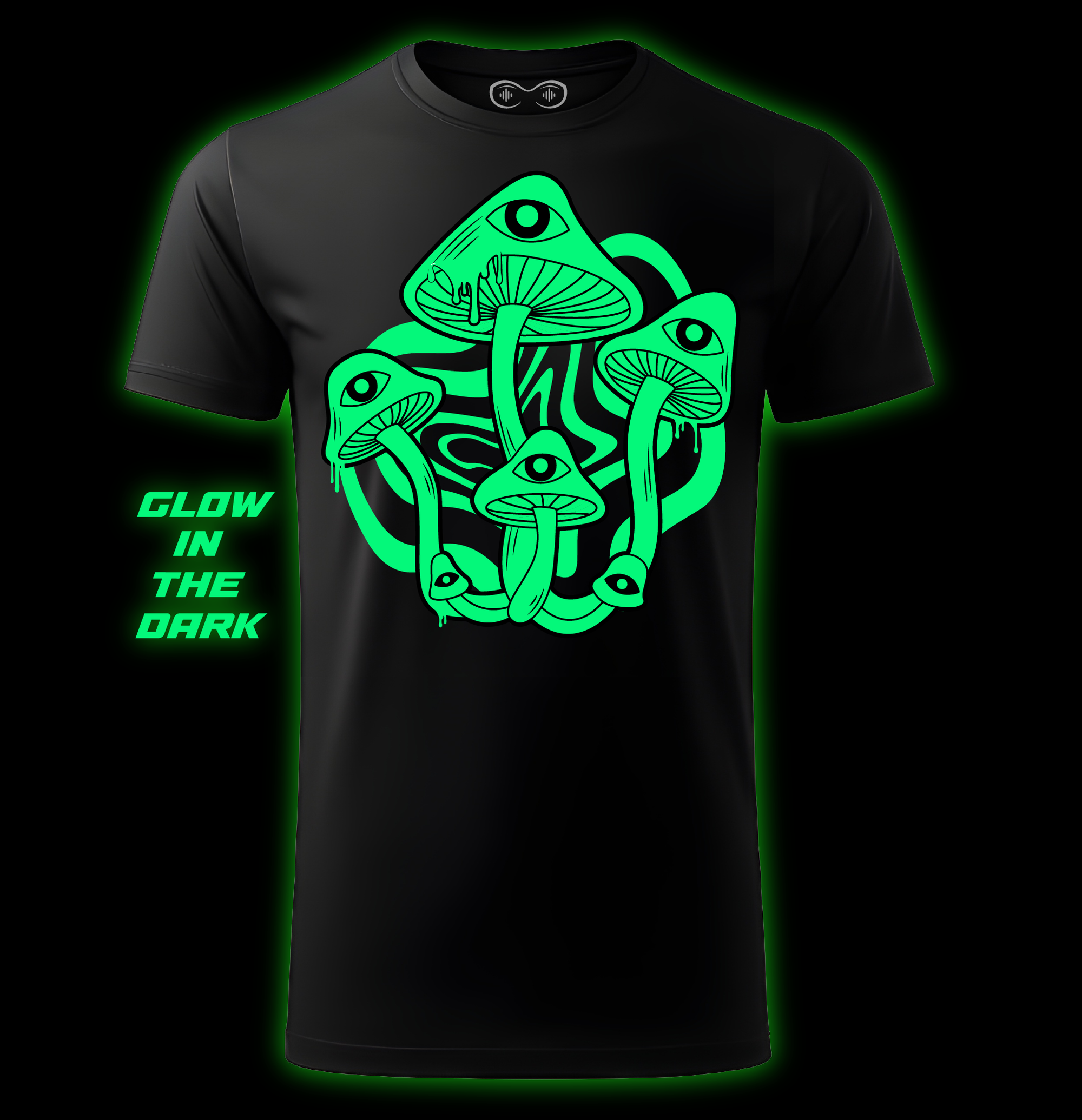 Black t-shirt with green mushroom design and 'Glow in the Dark' text on a black background