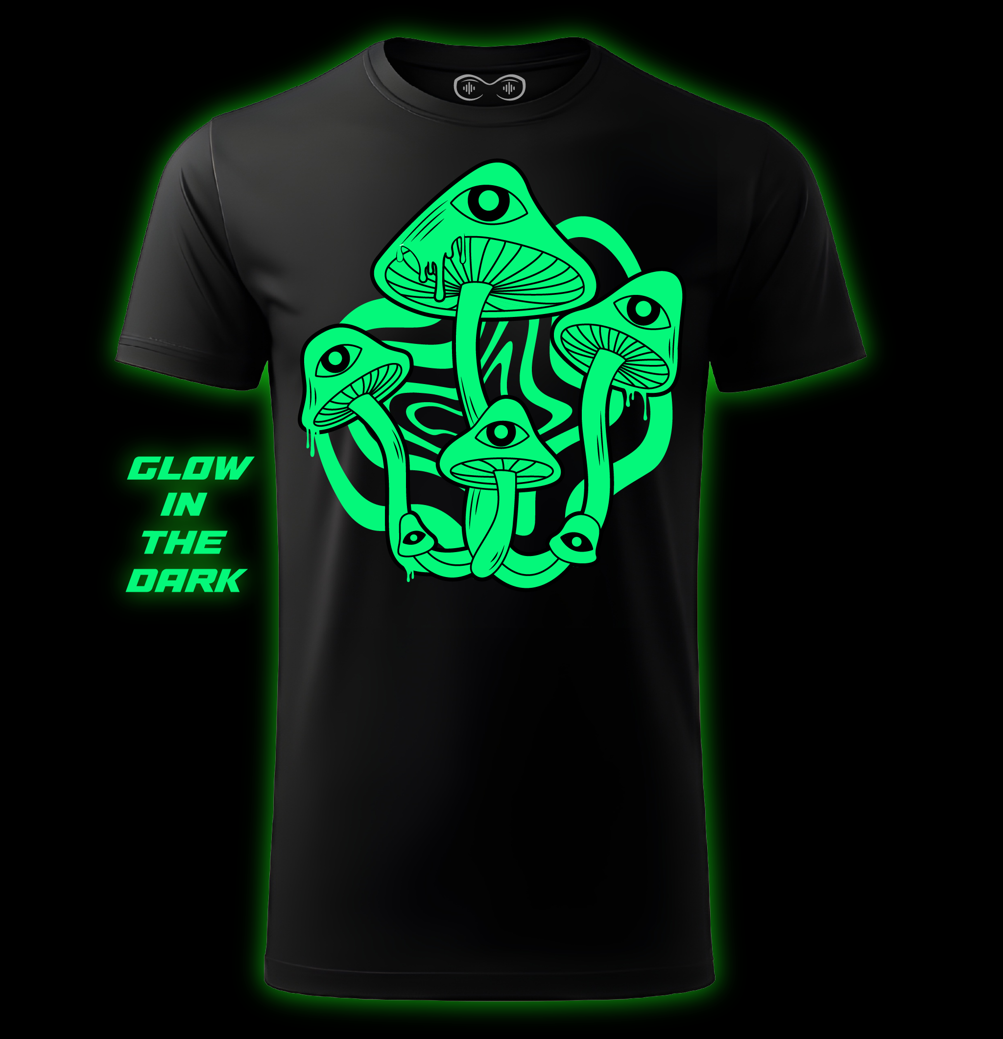 Black t-shirt with green mushroom design and 'Glow in the Dark' text on a black background