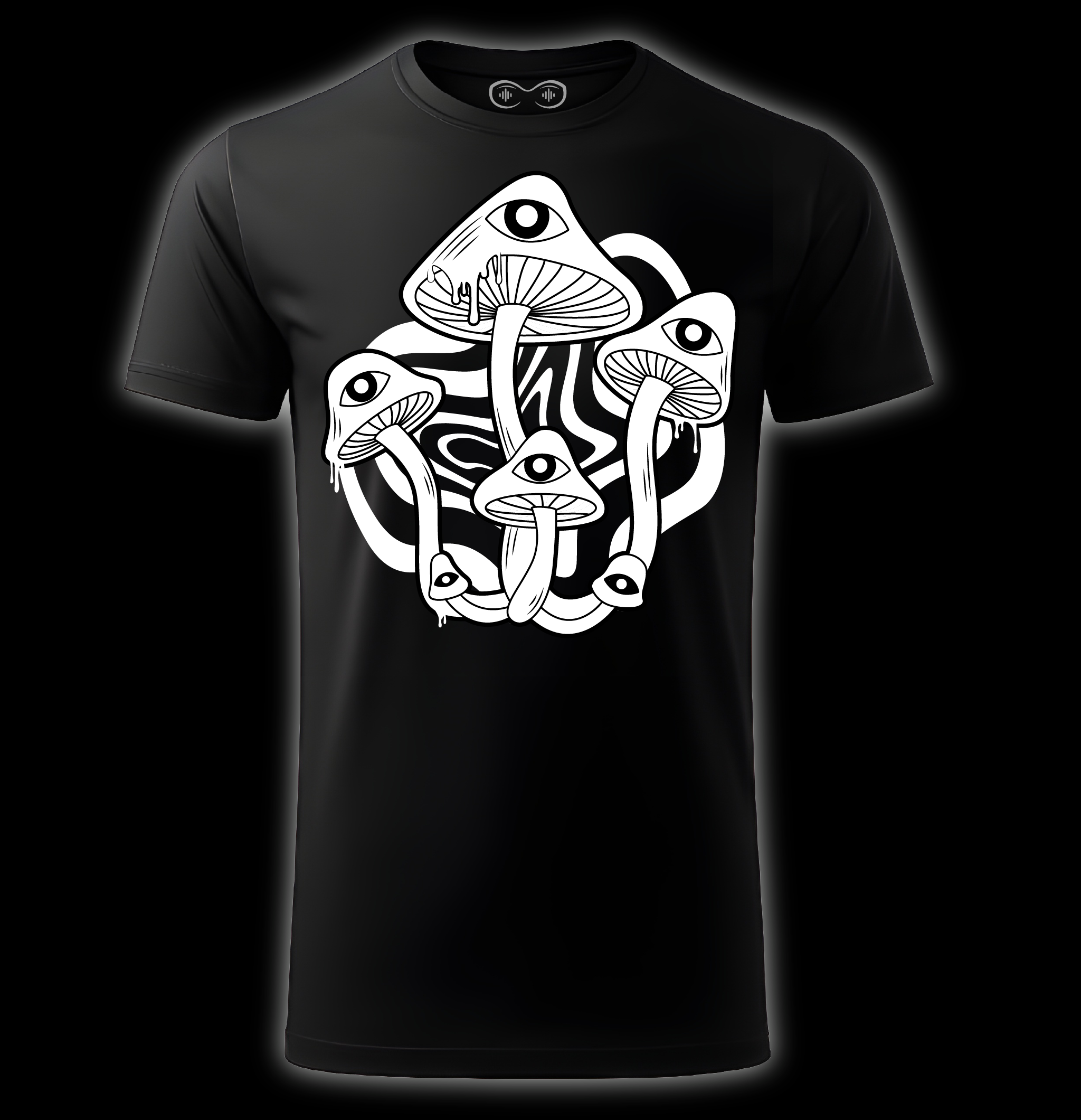 Black t-shirt with white mushroom design on a black background