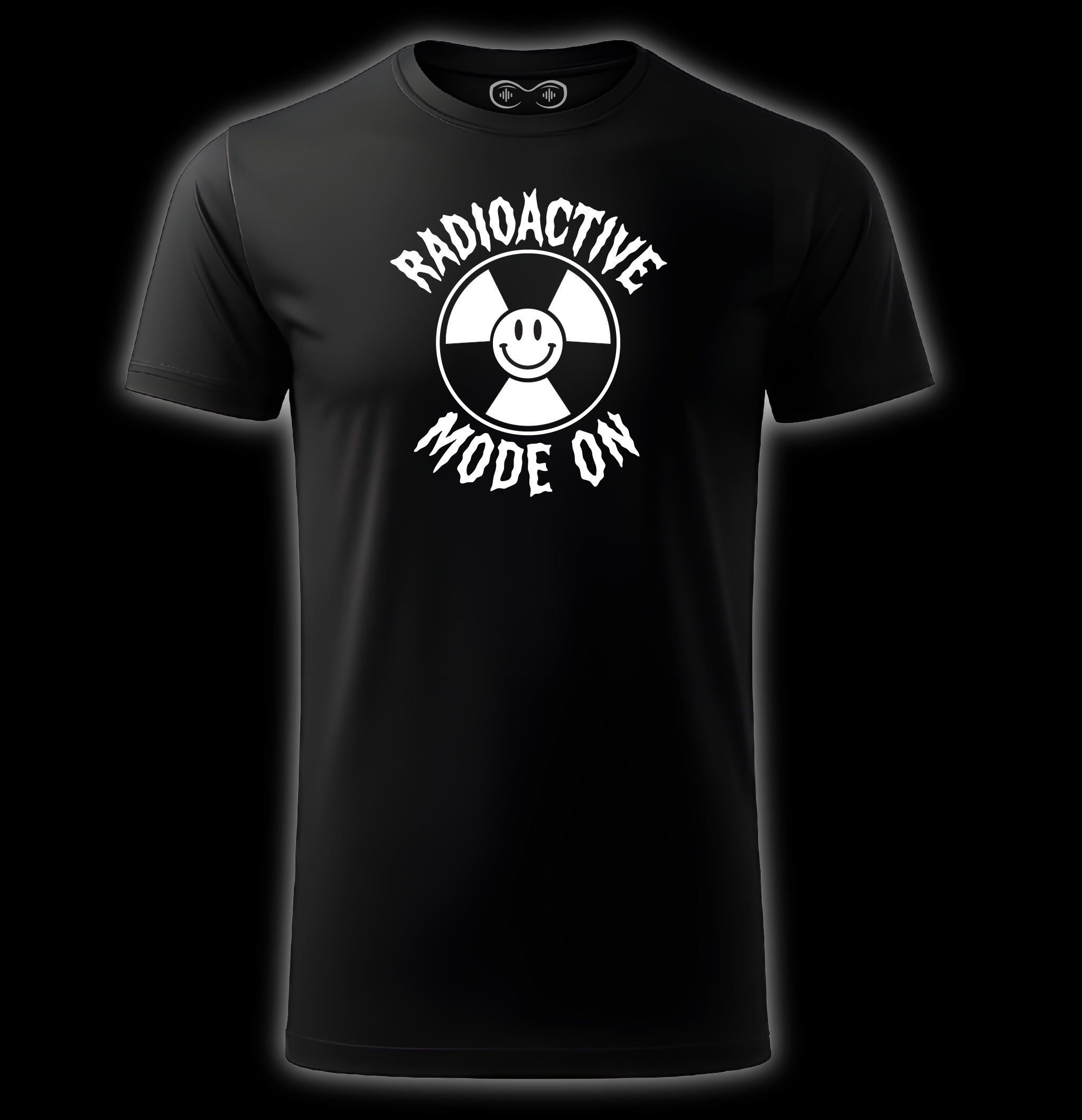 Black t-shirt with a white graphic and text 'Radioactive Mode On' on a black background