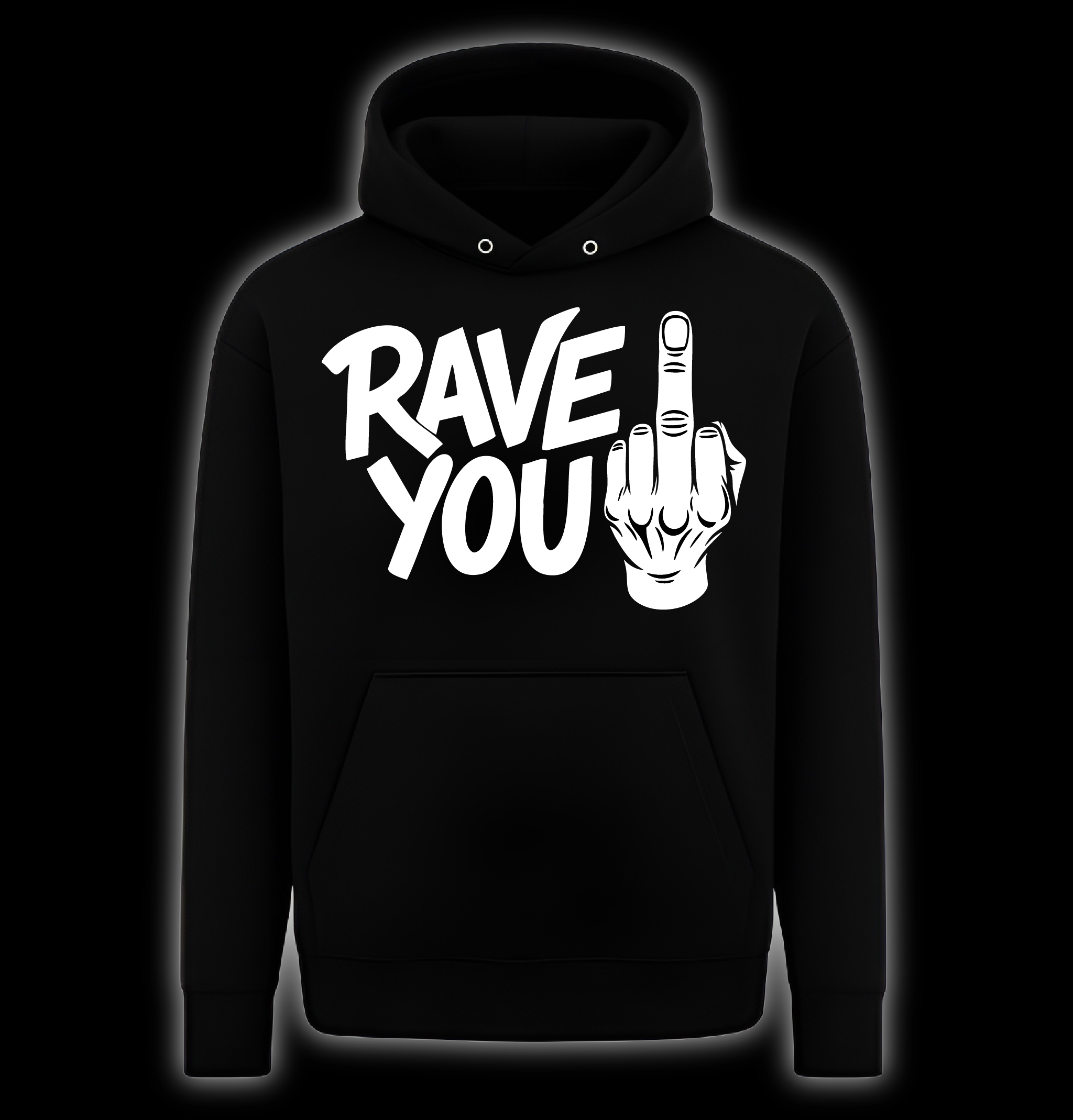 Black hoodie with 'RAVE YOU' text and middle finger gesture on a black background