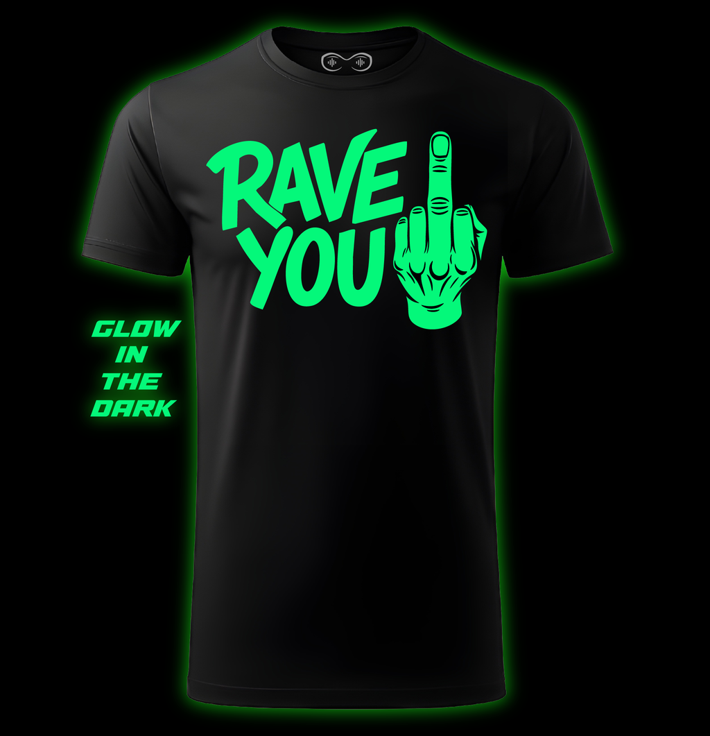 Black t-shirt with green 'RAVE YOU' text and hand gesture design, glow-in-the-dark feature.