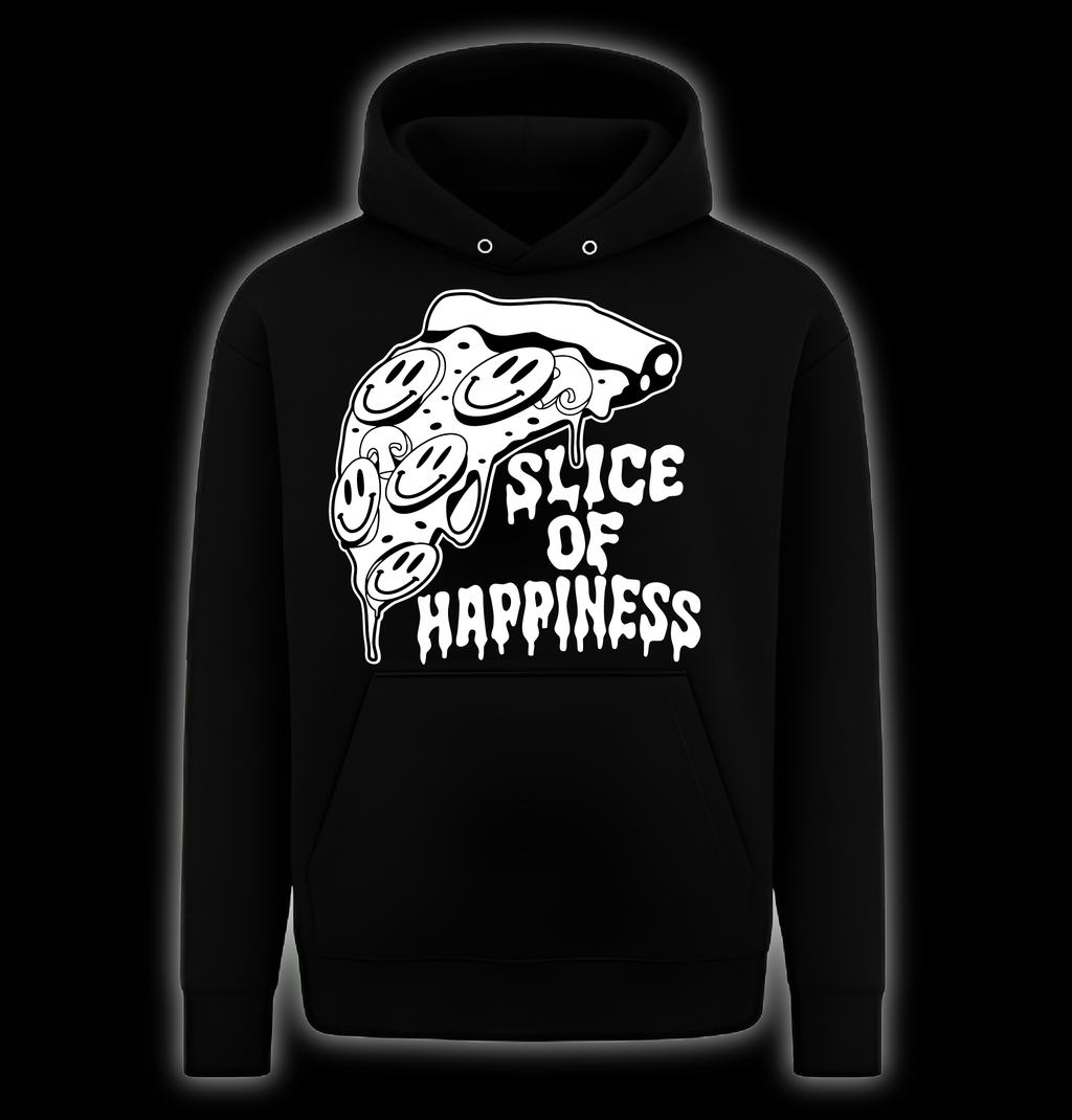 Black hoodie with a pizza slice graphic and 'Slice of Happiness' text on a black background