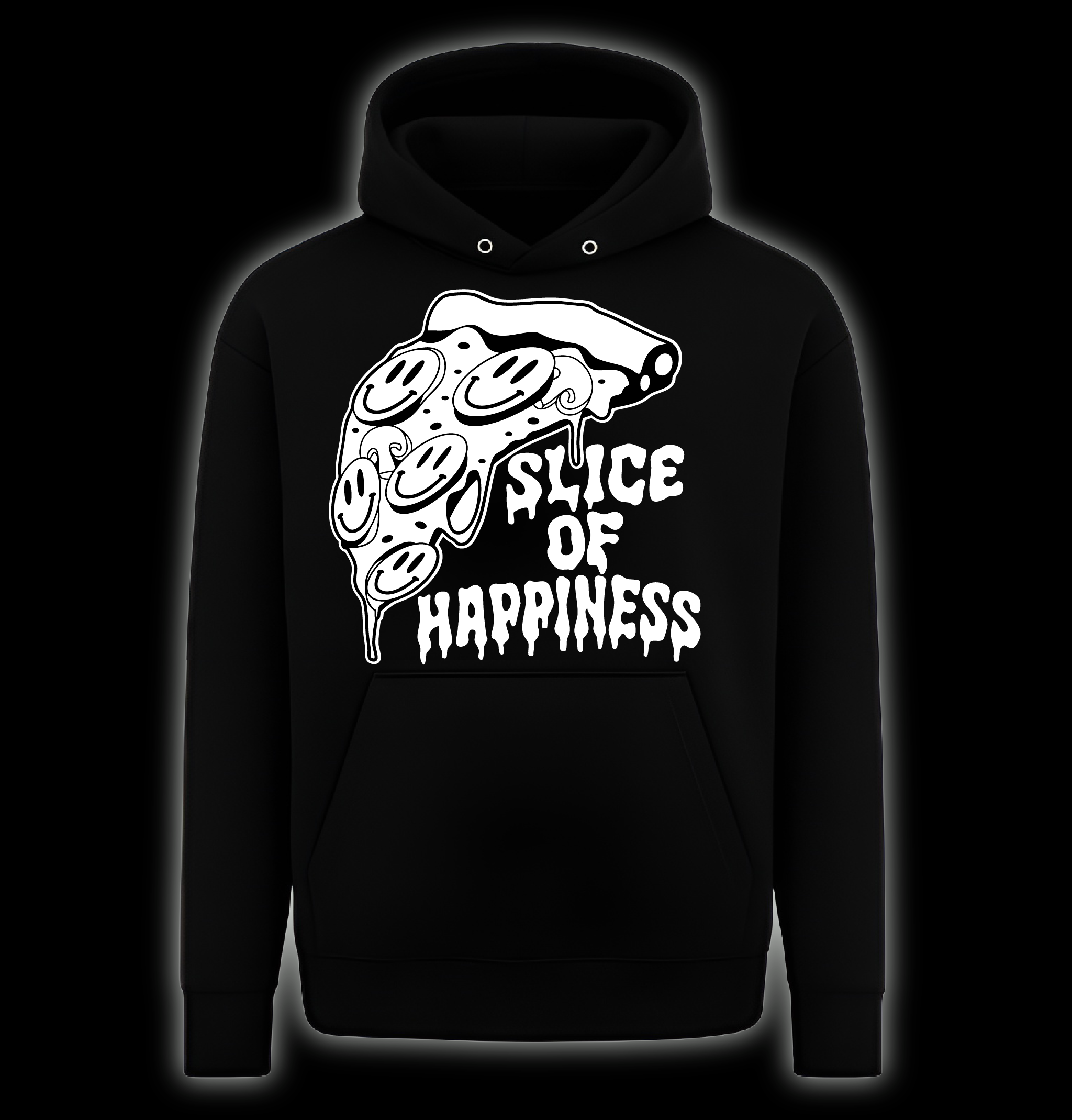 Black hoodie with a pizza slice graphic and 'Slice of Happiness' text on a black background