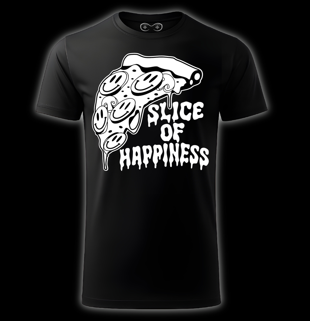 Black t-shirt with a pizza slice graphic and 'Slice of Happiness' text on a dark background