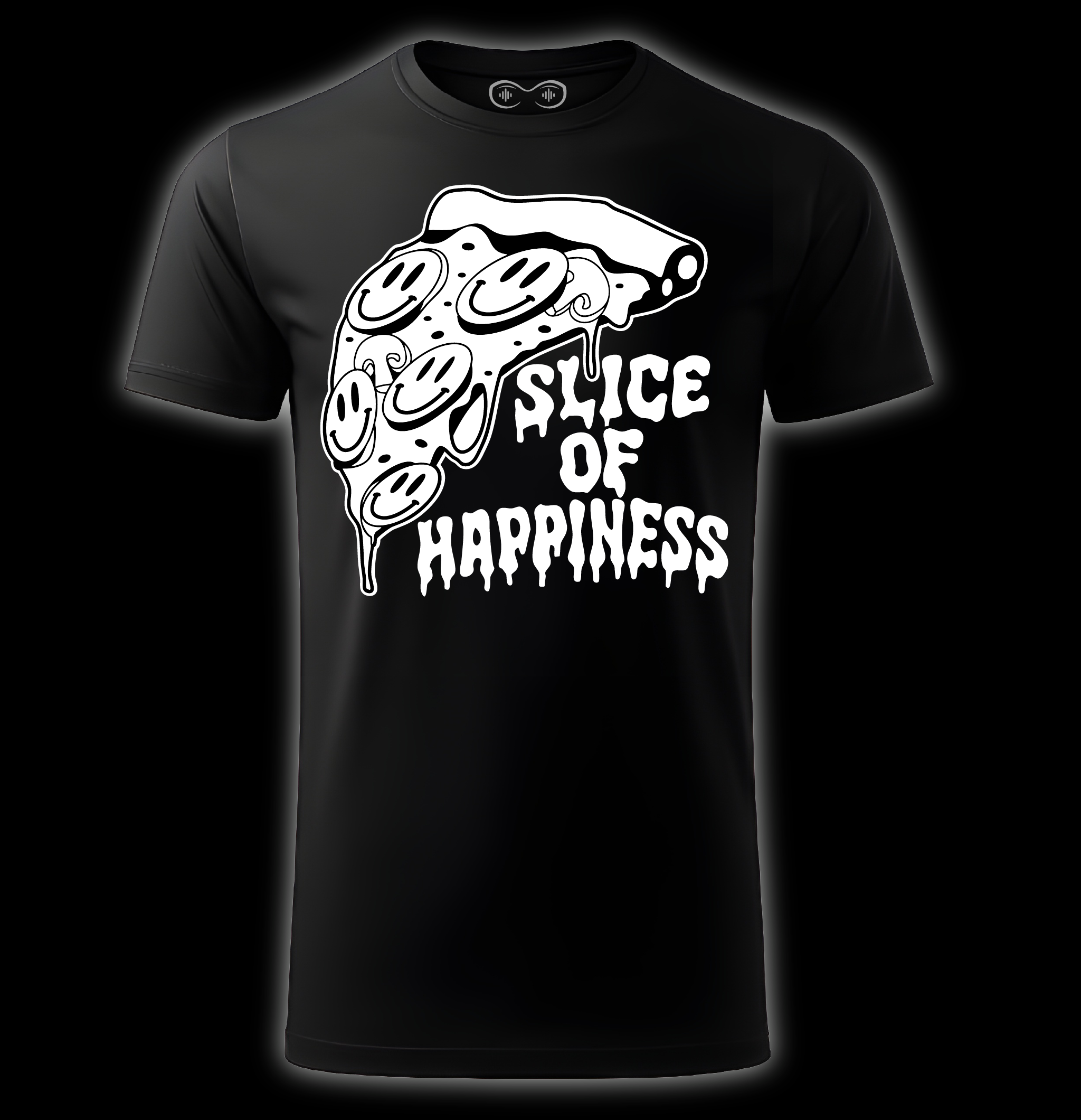 Black t-shirt with a pizza slice graphic and 'Slice of Happiness' text on a dark background