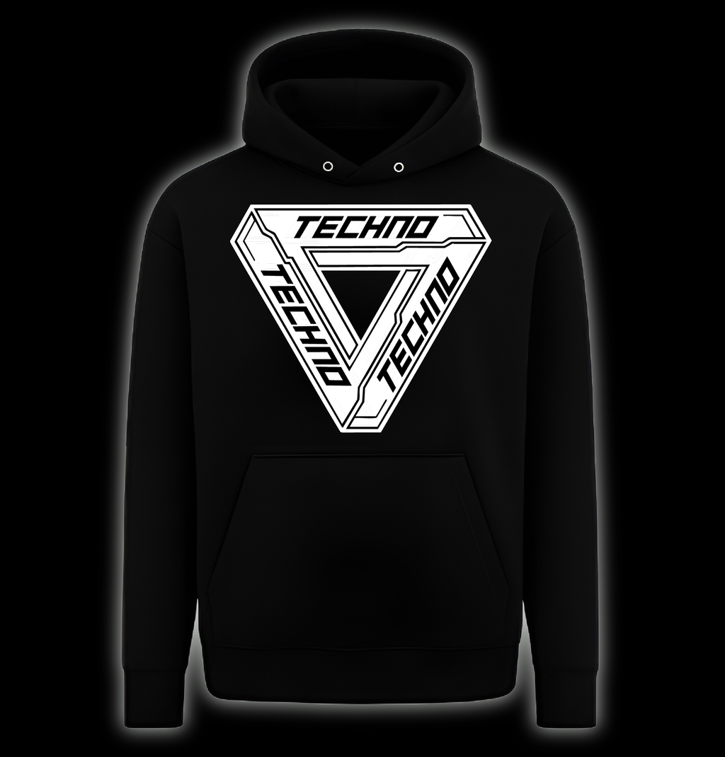 Black hoodie with 'TECHNO' graphic design on a black background