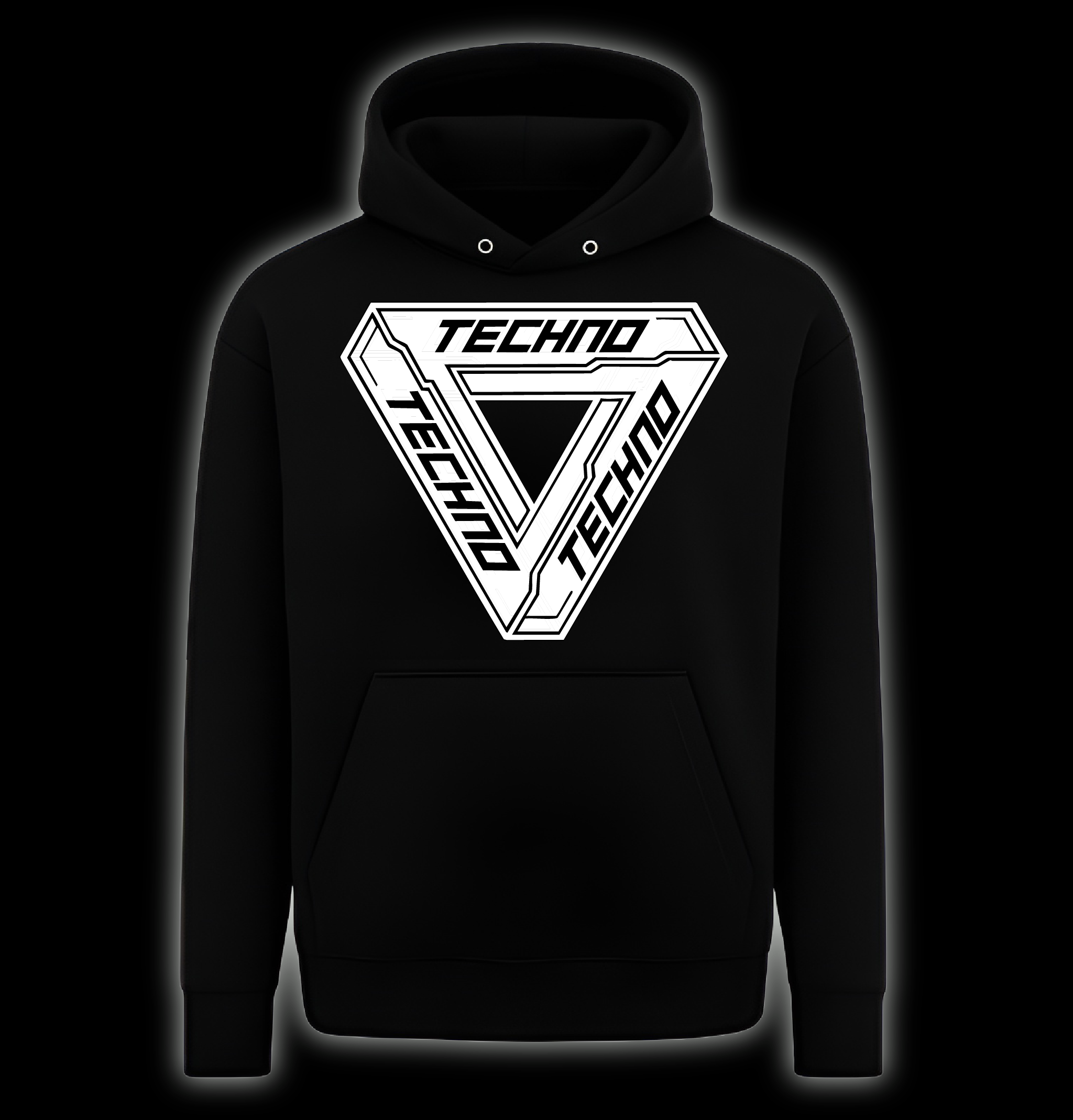Black hoodie with 'TECHNO' graphic design on a black background