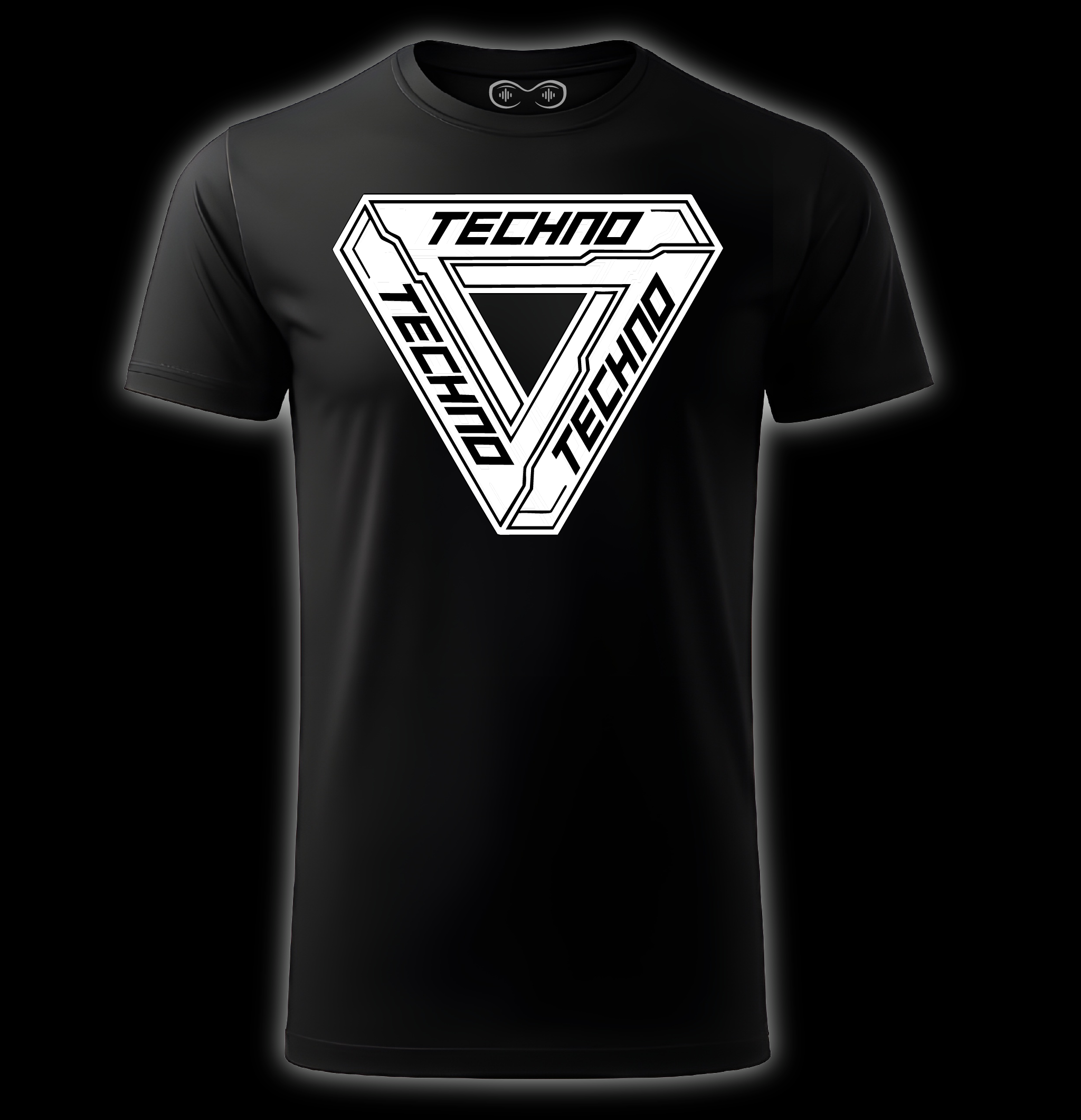 Black t-shirt with a white triangle logo featuring the word 'Techno'.