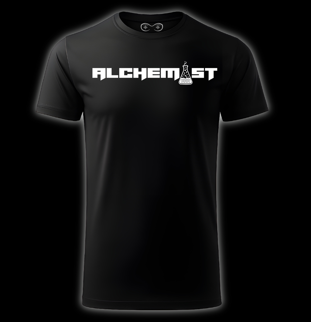 Black t-shirt with 'Alchemist' logo on a black background