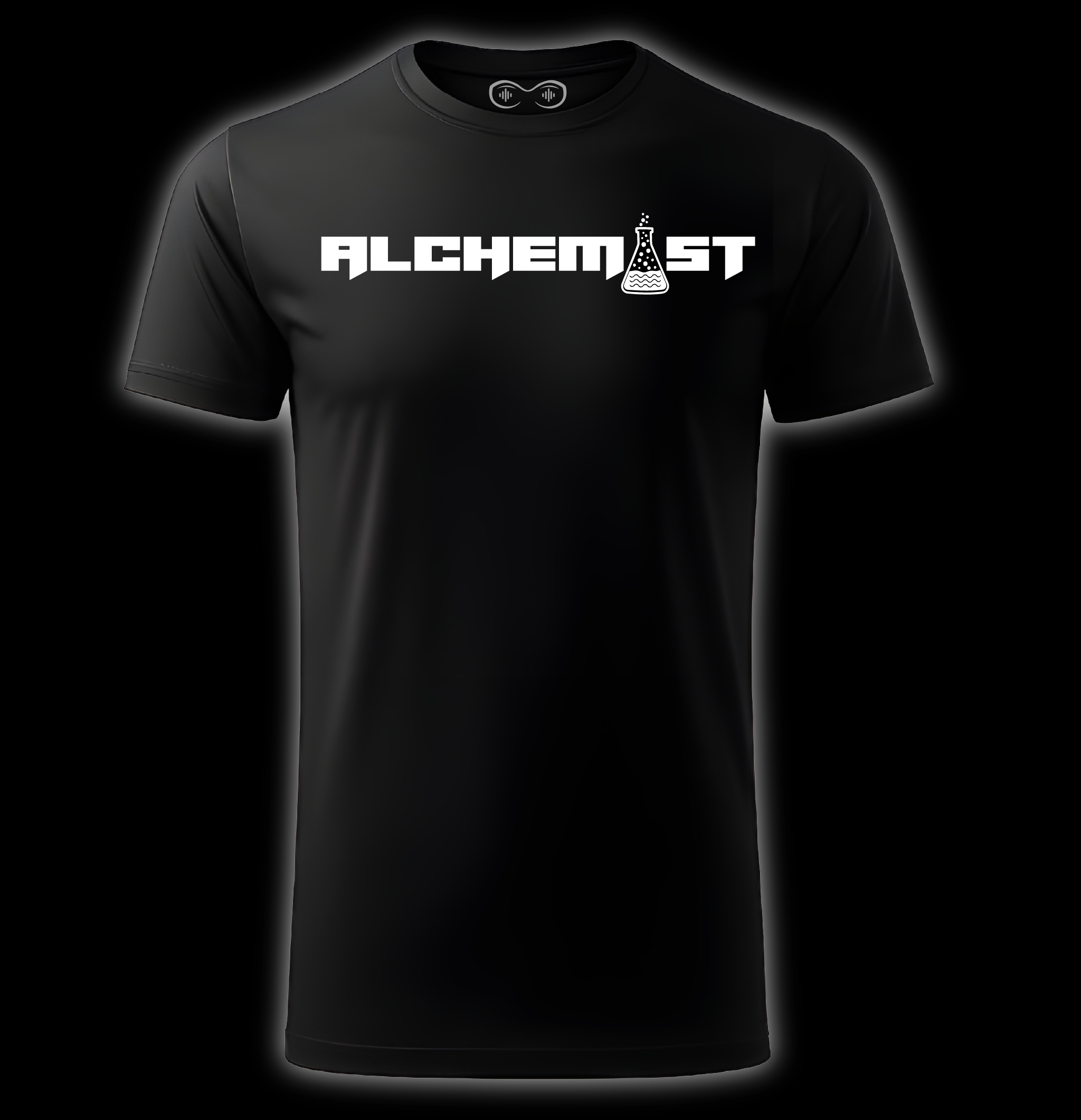 Black t-shirt with 'Alchemist' logo on a black background