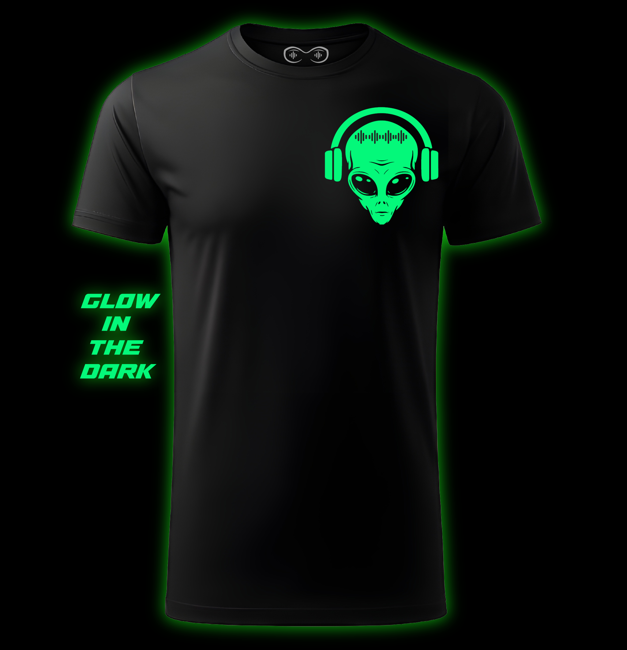 Black t-shirt with a glowing green alien design on a black background