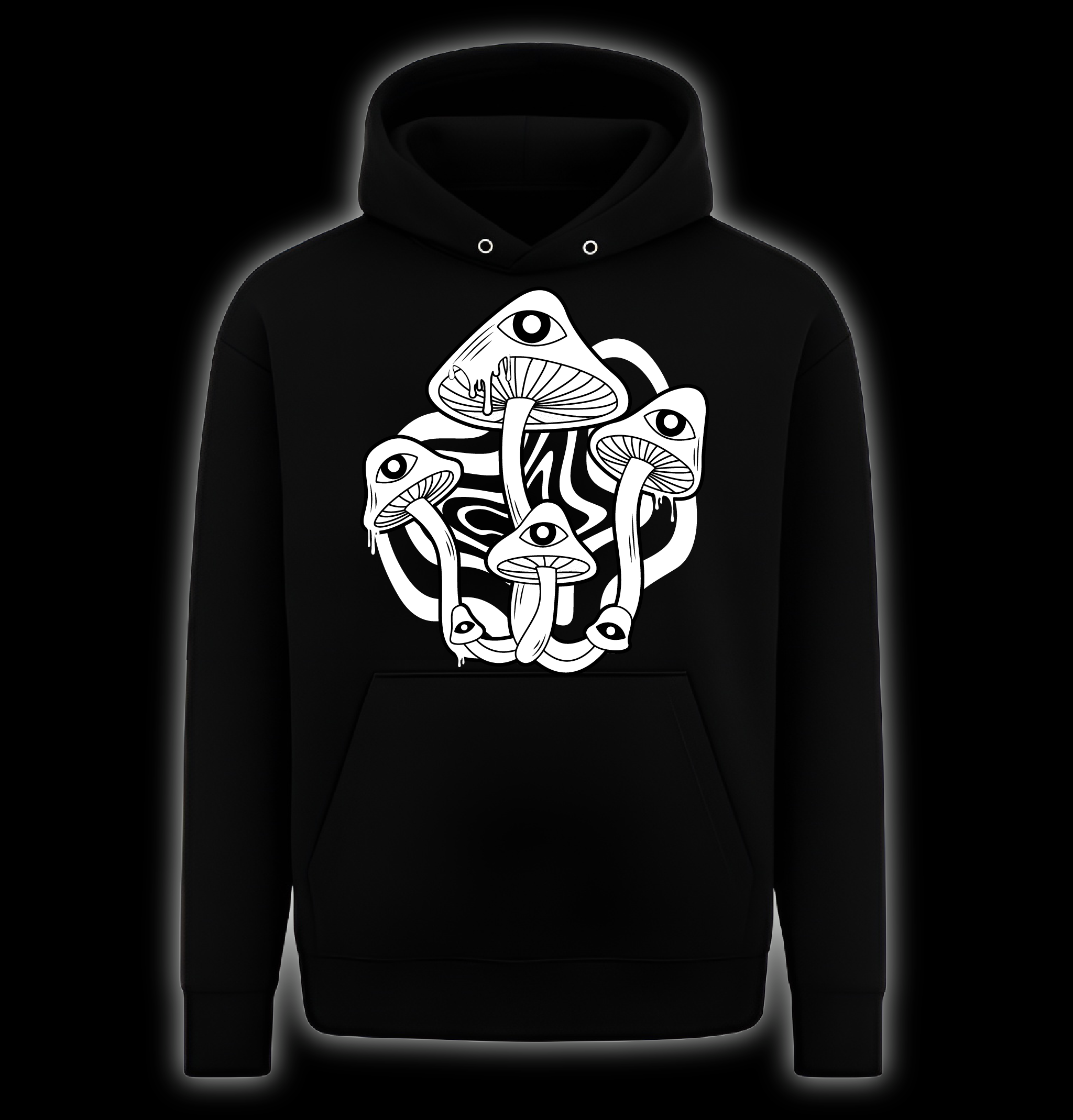 Black hoodie with white mushroom design on a black background
