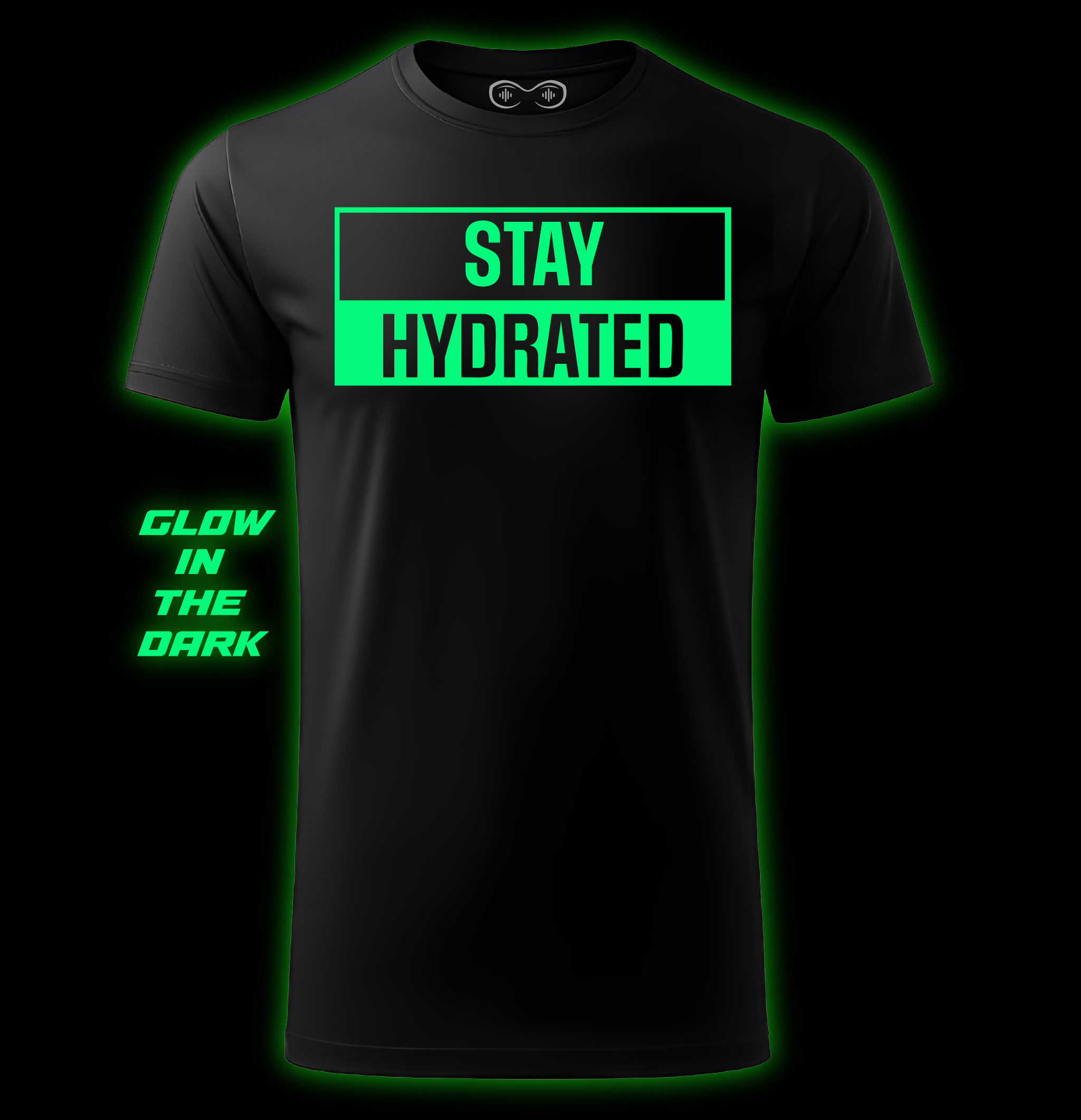 Black t-shirt with 'Stay Hydrated' text in green on a black background