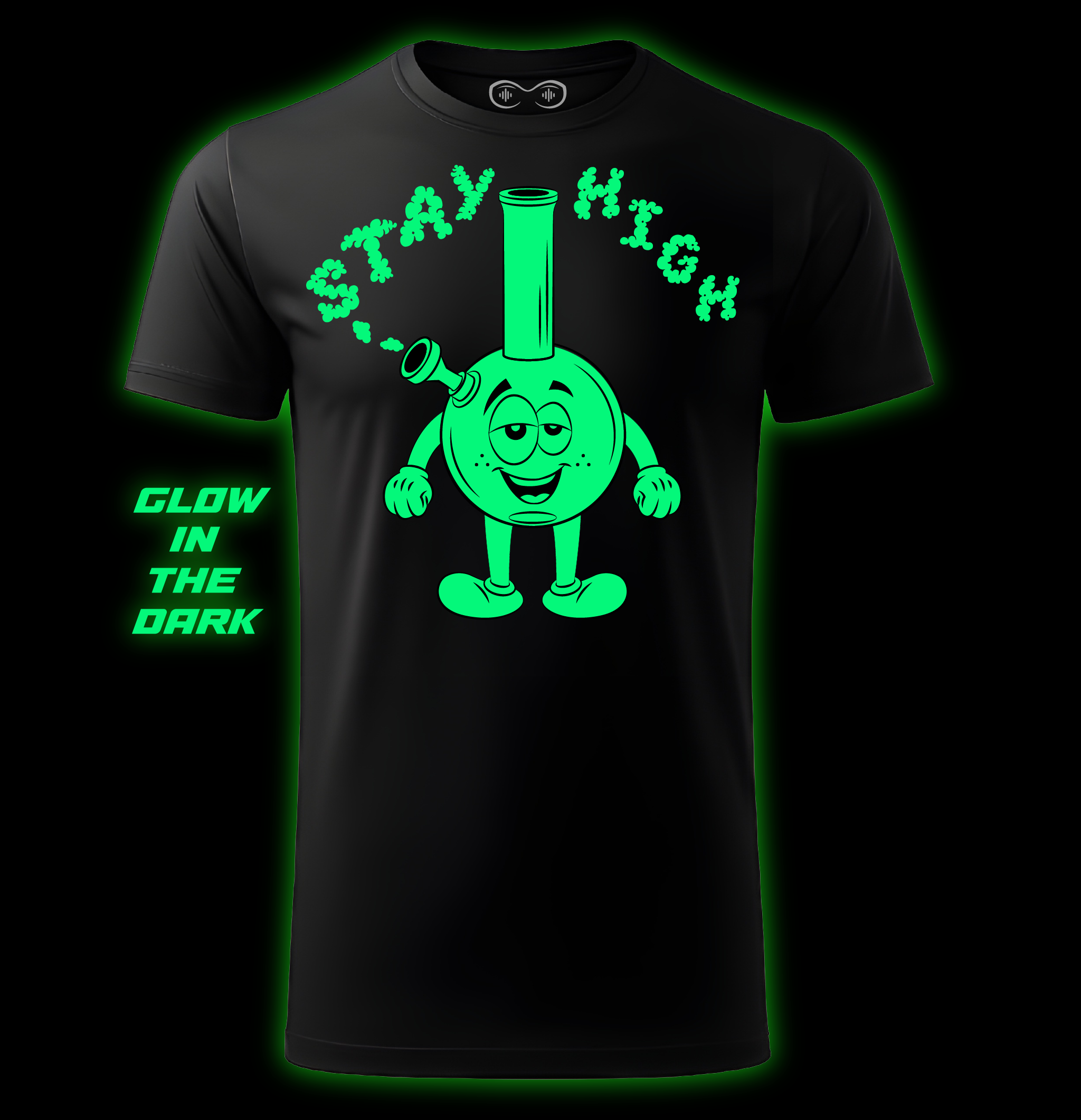 Black t-shirt with a green character and 'Stay High' text, glow-in-the-dark feature.