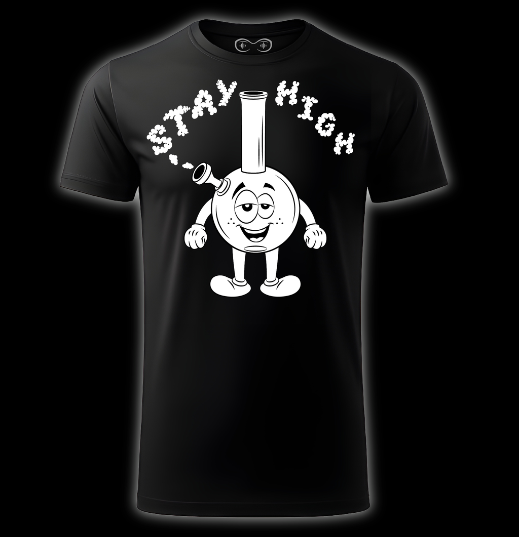 Black t-shirt with a cartoon character and 'Stay High' text on a black background
