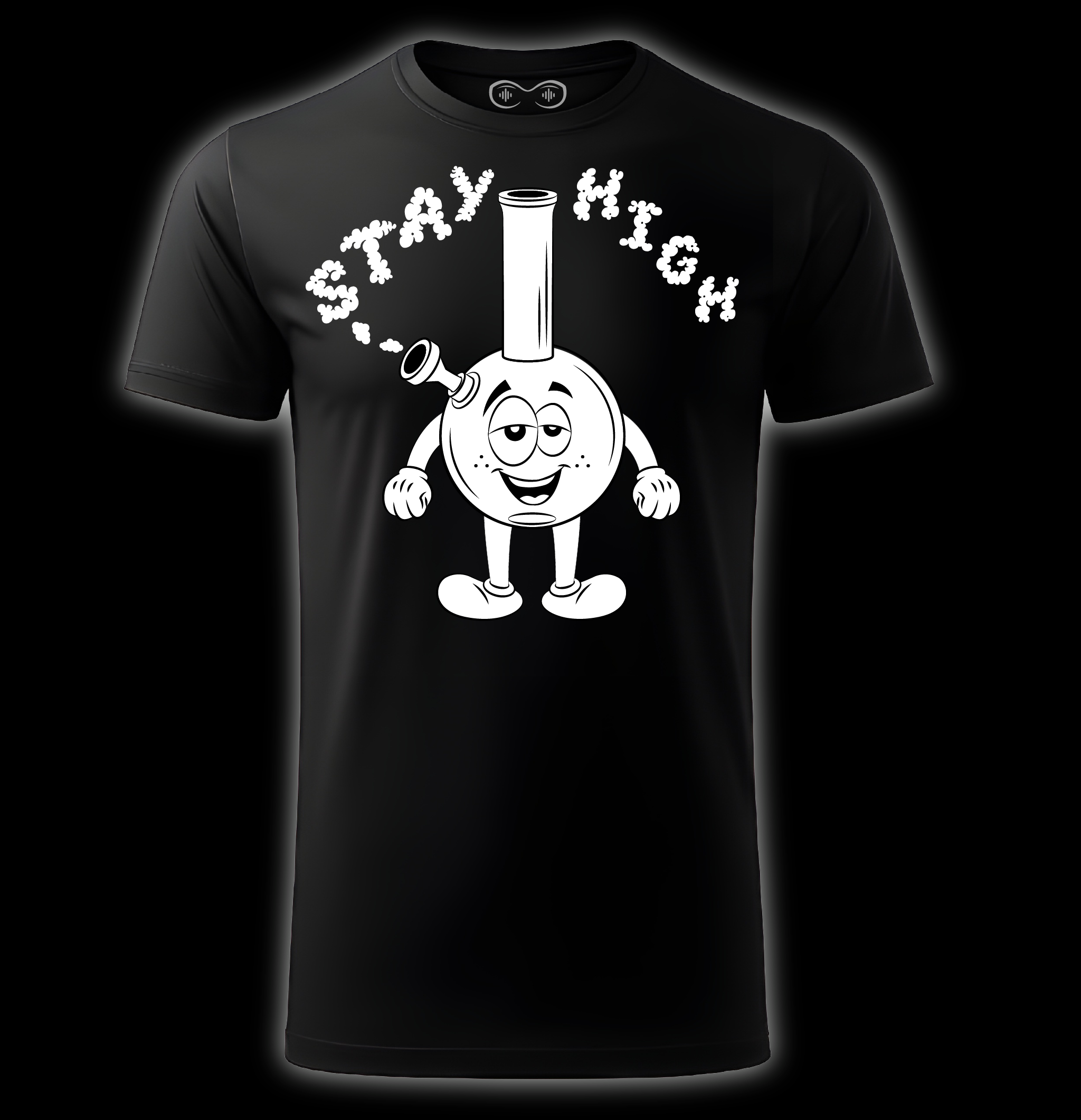 Black t-shirt with a cartoon character and 'Stay High' text on a black background