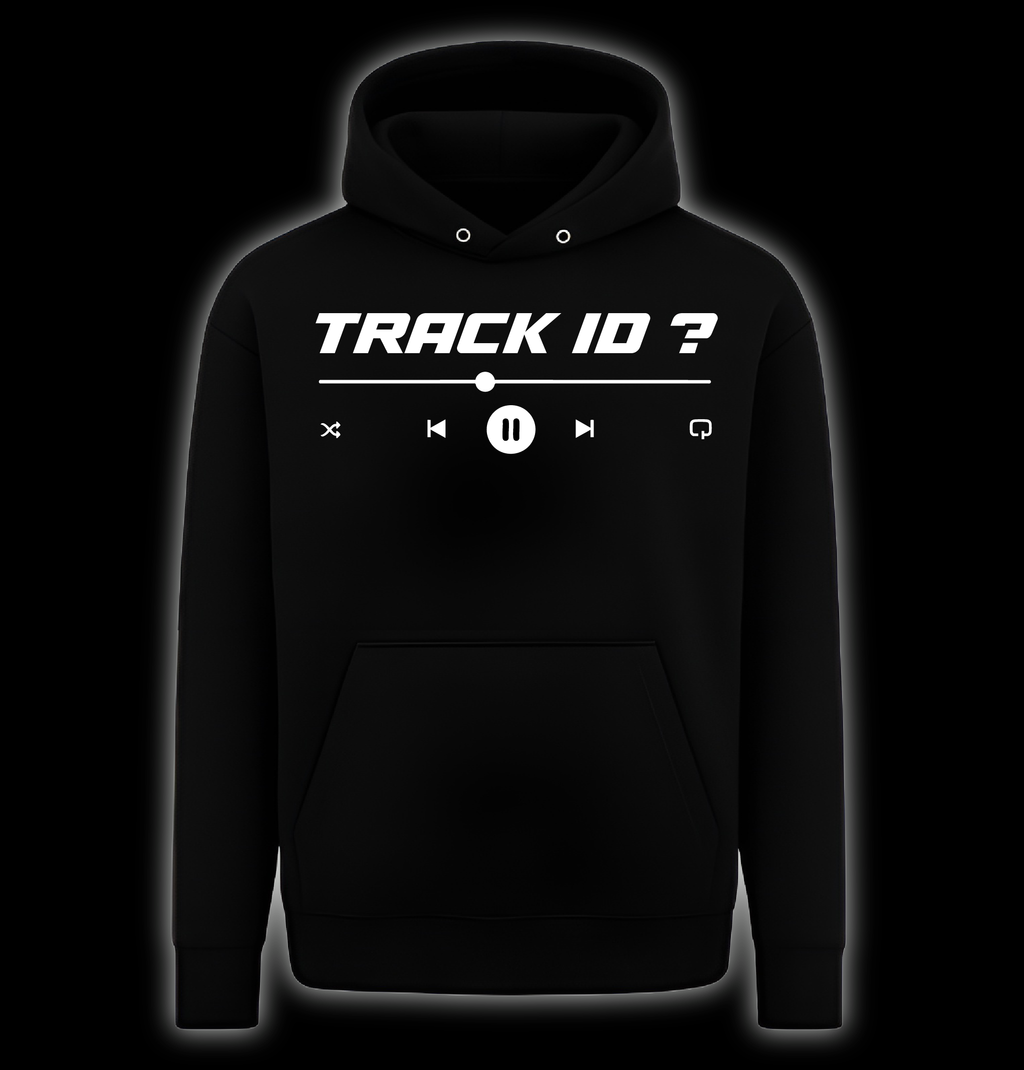 Black hoodie with 'TRACK ID?' text and music player icons on a black background